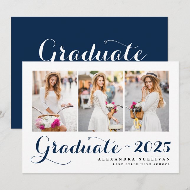Navy Blue Class of 2025 Photo Collage Graduation Invitation (Front/Back)