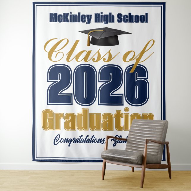 Navy Blue Class of 2026 Graduation Photo Booth Tapestry (In Situ)