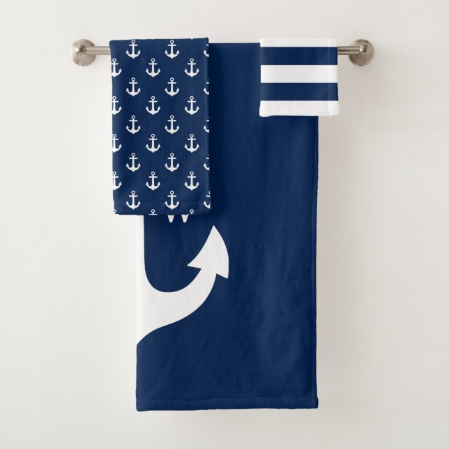 Navy Blue Classic Anchor Monogram Bath Towel Set (Insitu)
