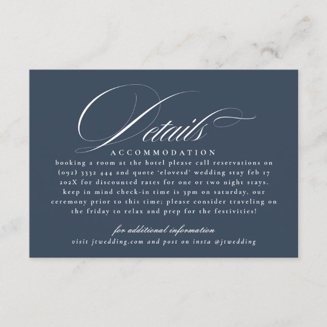 Navy Blue Classic Calligraphy Wedding Details Enclosure Card (Front)