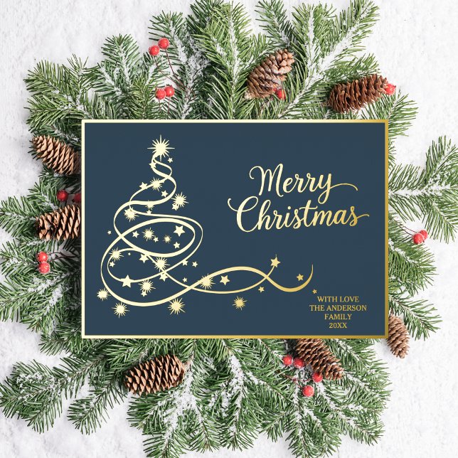Navy Blue Classic Christmas Card Gold Tree & Photo (Creator Uploaded)