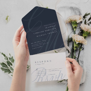 Navy Blue Classic Elegance calligraphy monogram All In One Invitation