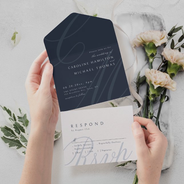 Navy Blue Classic Elegance calligraphy monogram All In One Invitation (Navy Blue Classic Elegance calligraphy monogram All In One Invitation)