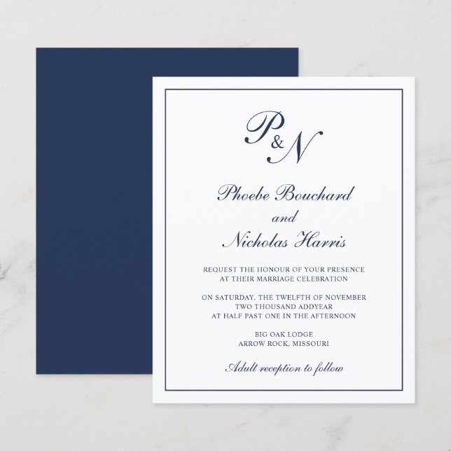 Navy Blue Classic Elegant Budget Wedding Invite (Front/Back)