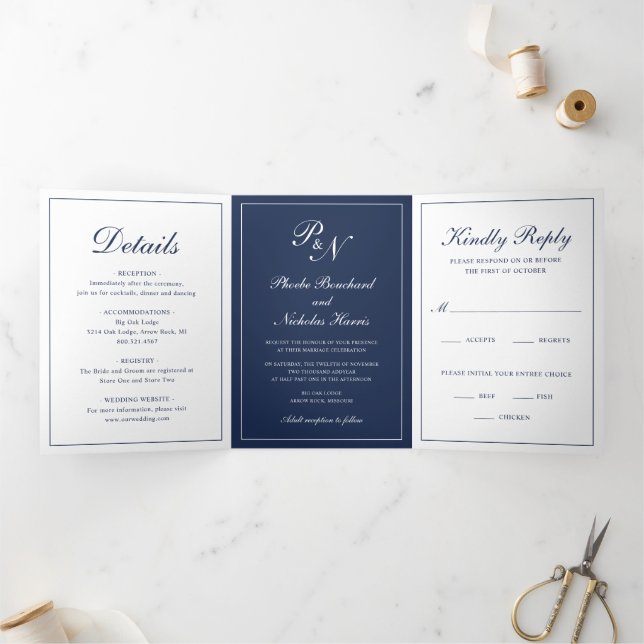 Navy Blue Classic Elegant Wedding Tri-Fold Invitation (Inside)