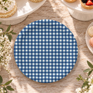 Navy Blue Classic Gingham Preppy Party Paper Plate
