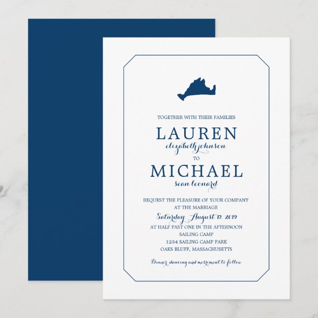 Navy Blue Classic Marthas Vineyard Map Wedding Invitation (Front/Back)