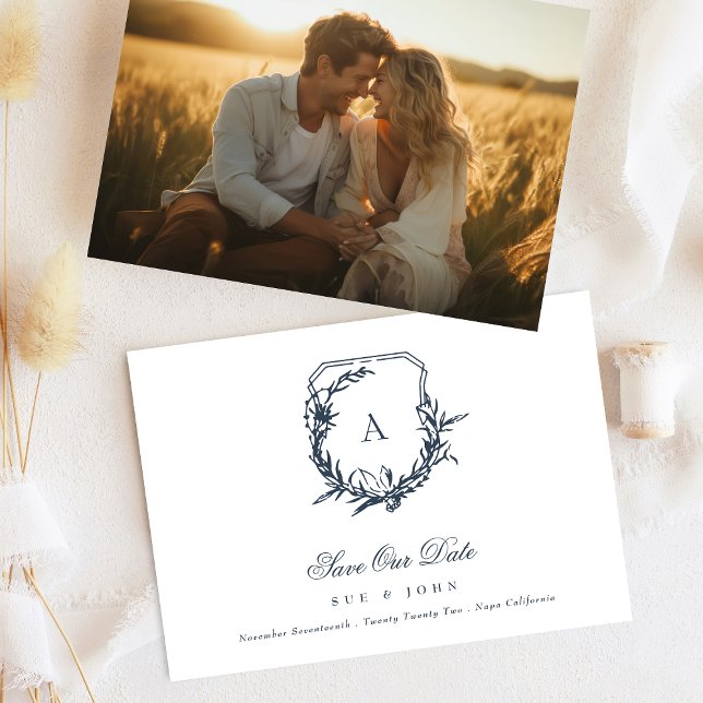 Navy Blue Classic monogram crest Photo Save The Date (Creator Uploaded)