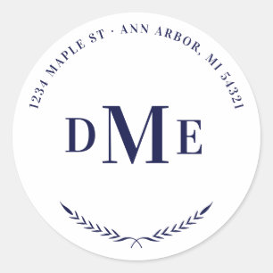 Navy Blue Classic Monogram Return Address Round Sticker