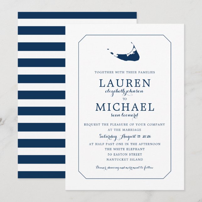 Navy Blue Classic Nantucket Island Map Wedding Invitation (Front/Back)