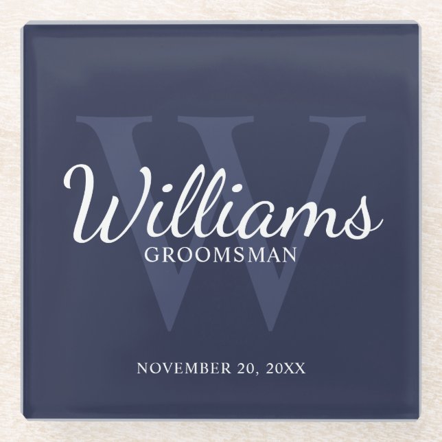 Navy Blue Classic Script Personalised Groomsmen Glass Coaster (Front)