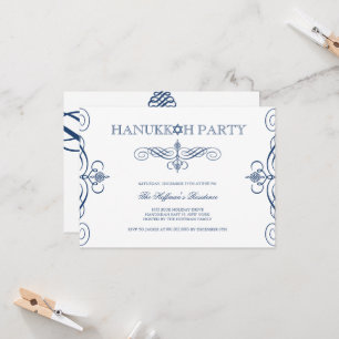 Navy Blue Classic Scrolls Hanukkah Holiday Party Invitation