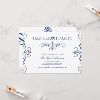 Navy Blue Classic Scrolls Hanukkah Holiday Party Invitation