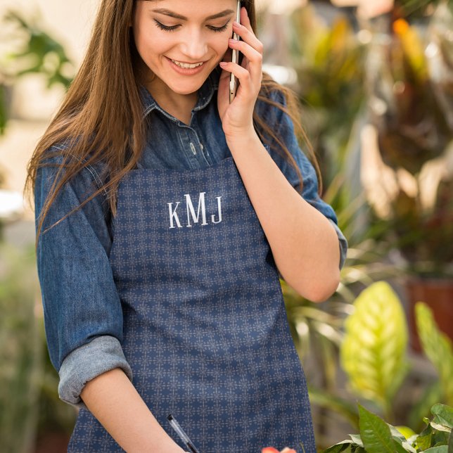 Navy Blue Classic Silver Snowflakes Elegant Custom Apron (Customized navy blue and silver monogram apron)