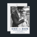Navy Blue Classic Typography Photo Save The Date<br><div class="desc">Navy Blue Classic Typography Photo Save the Date Announcement. Customisable save the date announcement featuring blue classic typography and stripes back pattern. Personalised by adding your own photo and details. Other colours are available.</div>
