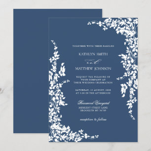 Navy Blue Classic Vintage Floral Garden Wedding Invitation