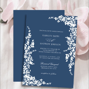 Navy Blue Classic Vintage Floral Garden Wedding Invitation