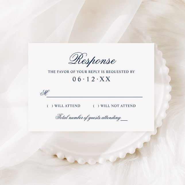 Navy Blue Classic Wedding Guest Count Script RSVP Card (Creator Uploaded)