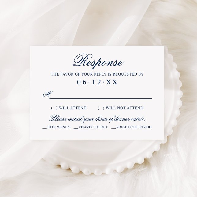 Navy Blue Classic Wedding Meal Choice Script RSVP Card (Creator Uploaded)