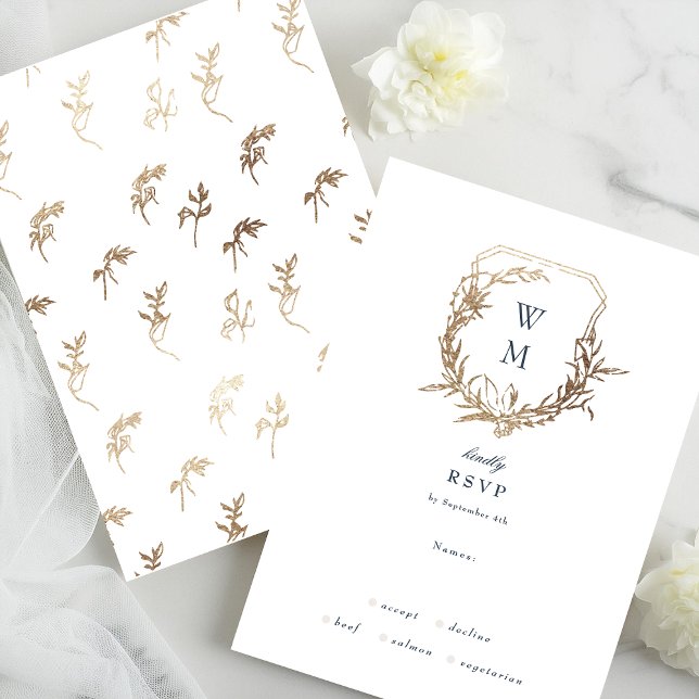 Navy Blue classic white Gold crest wedding RSVP Card (Creator Uploaded)