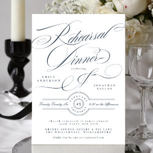 Navy Blue Classy Elegant Wedding Rehearsal Dinner Invitation