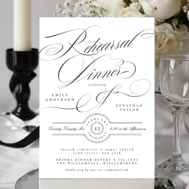 Navy Blue Classy Elegant Wedding Rehearsal Dinner Invitation (Creator Uploaded)
