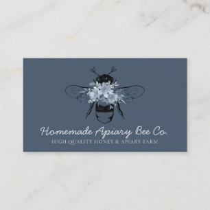 Navy Blue Classy Heart Floral Apiary Honey Bee Business Card