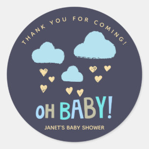 Navy Blue Clouds Oh Baby Boy Baby Shower Classic Round Sticker