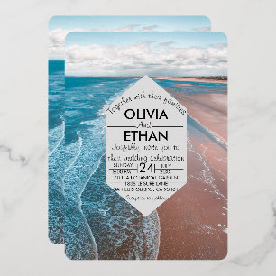 navy blue coastal beach Wedding Foil Invitation