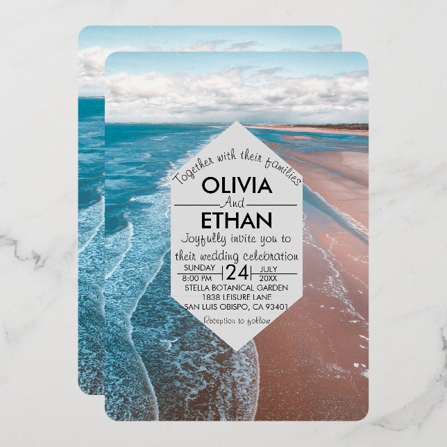 navy blue coastal beach Wedding Foil Invitation (Front/Back)