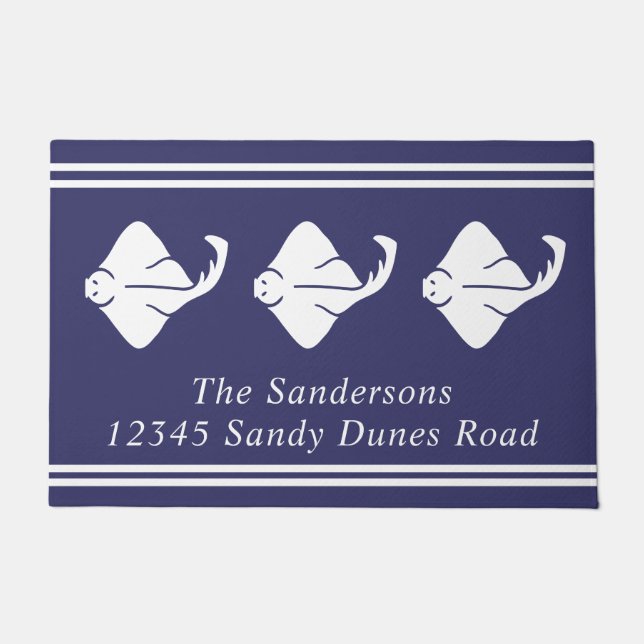 Navy Blue Coastal Nautical Stingray Manta Ray Door Doormat (Front)