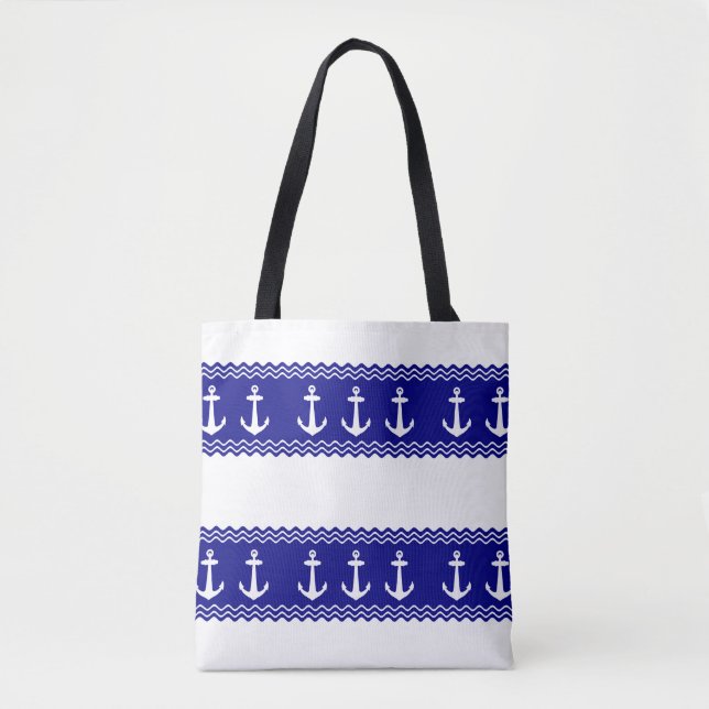 Navy Blue Coastal Pattern Anchors Tote Bag (Front)