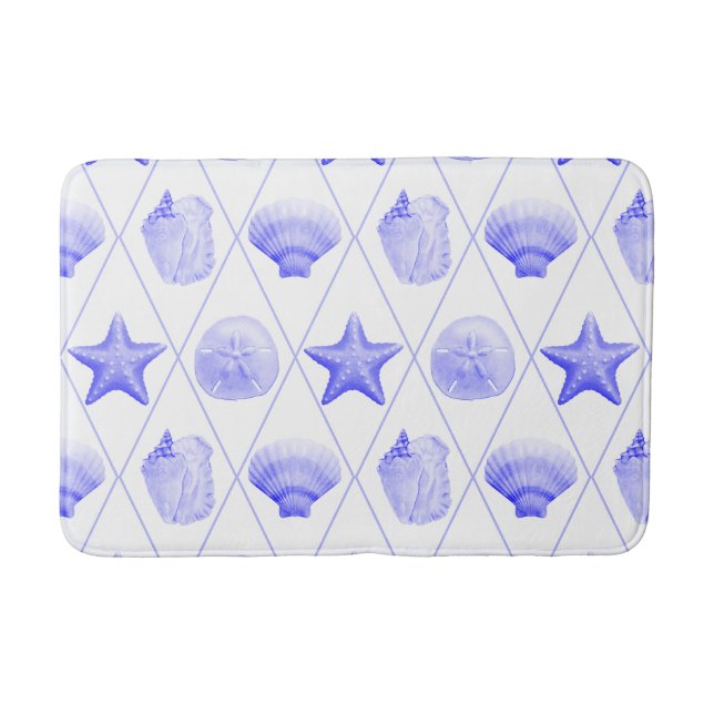 Navy Blue Coastal Seashells Starfish Bath Mat (Front)