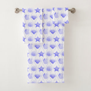 Navy Blue Coastal Seashells Starfish Bath Towel Set