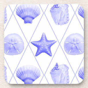 Navy Blue Coastal Seashells Starfish Coaster