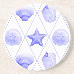 Navy Blue Coastal Seashells Starfish Coaster