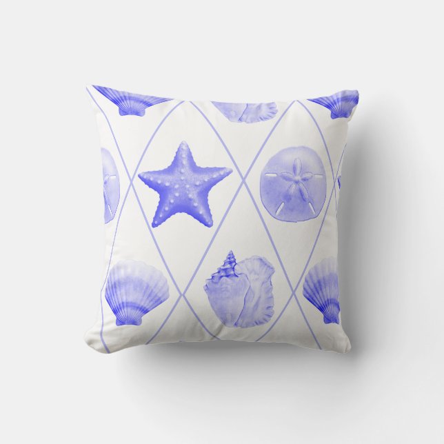 Navy Blue Coastal Seashells Starfish Cushion (Front)