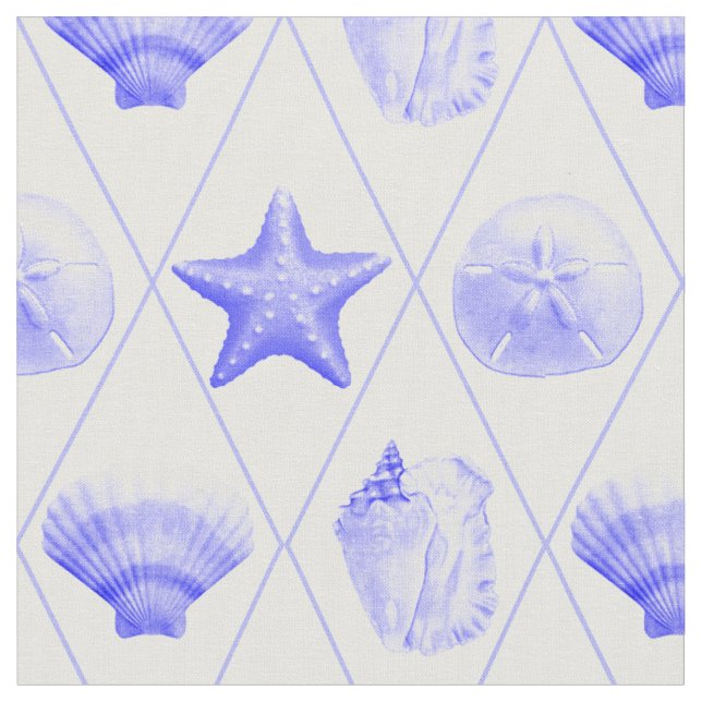Navy Blue Coastal Seashells Starfish Fabric (Close Up)