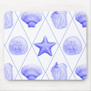 Navy Blue Coastal Seashells Starfish Mouse Mat