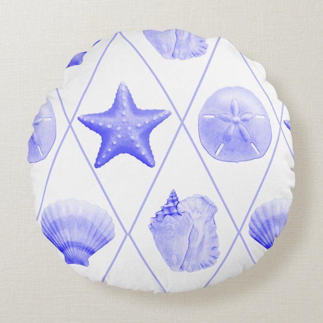 Navy Blue Coastal Seashells Starfish Round Cushion (Front)