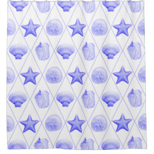 Navy Blue Coastal Seashells Starfish Shower Curtain