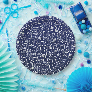 Navy Blue Cobalt Blue White Dancing Music Notes Paper Plate