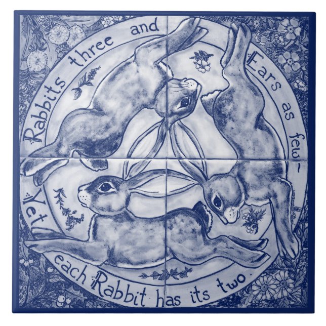 Navy Blue Cobalt Rabbit Hare Trio Four Seasons Tile (Front)