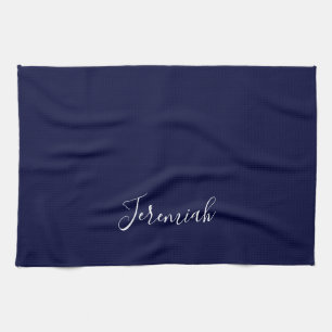 Navy Blue Color Plain Modern Own Name Calligraphy Tea Towel