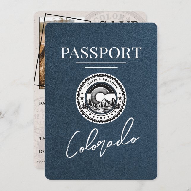 Navy Blue Colorado Passport Save The Date (Front/Back)