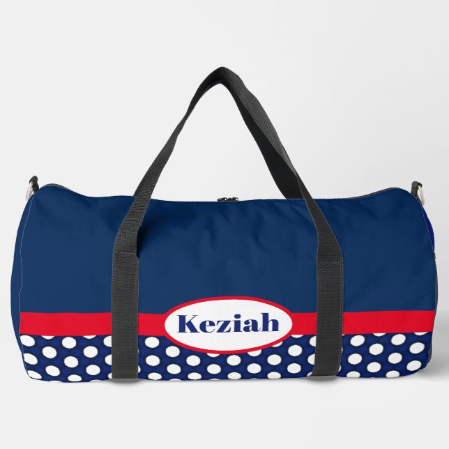 Navy Blue Colour Block and Polka Dots Duffle Bag (Front)