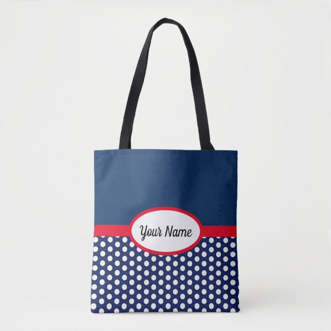Navy Blue Colour Block and Polka Dots Tote Bag (Front)