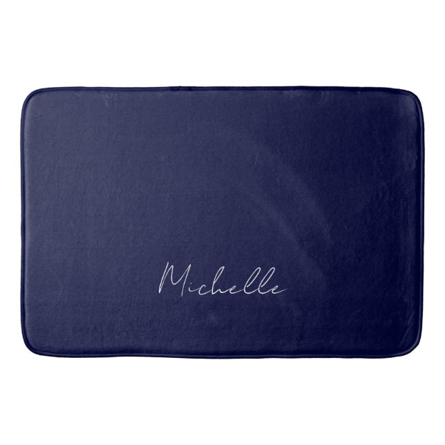 Navy Blue Colour Plain Modern Own Name Calligraphy Bath Mat (Front)