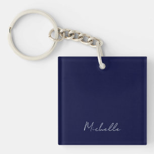 Navy Blue Colour Plain Modern Own Name Calligraphy Key Ring