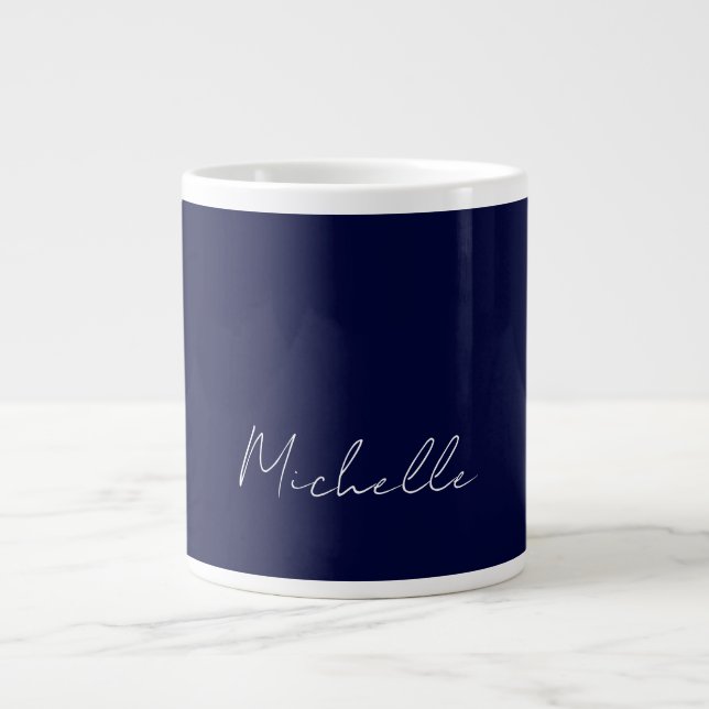 Navy Blue Colour Plain Modern Own Name Calligraphy Large Coffee Mug (Front)